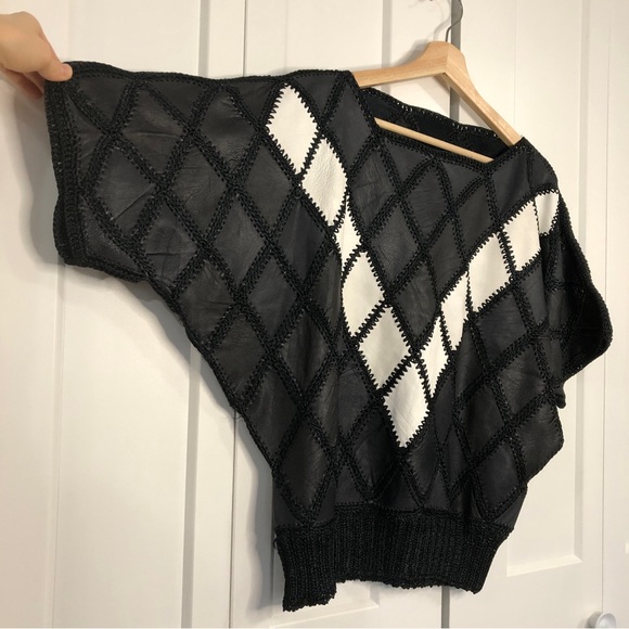 Vintage 80s suede patchwork knit short sleeve top / S-M - Picture 4 of 11